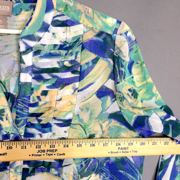 Chicos Button Front Top Blouse Womens Chicos 1 (M-8) Blue Floral Leaf V-Neck - Picture 7 of 13